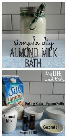 the ingredients to make homemade almond milk and bath salts are shown in two separate images