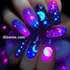 Moon And Stars Nails, Glow In The Dark Nails, Stars Nails, Monique Lula, Dark Space, Space Nails, Cute Nail Art Designs, Dope Nail Designs, Nails For Kids