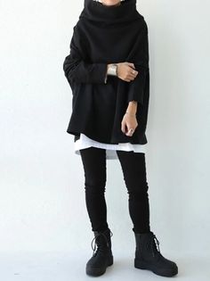 Black & Gray High-Neck Oversized Long Sleeve Urban T-Shirt Black T-shirt For Layering In Spring, Black T-shirt For Spring Layering, Black Oversized Sweater For Layering, Oversized Black Sweater For Layering, Baggy Casual Fall Tops, Casual Baggy Tops For Fall, Baggy Casual Tops For Fall, Fall Crew Neck Lagenlook Tops, Fall Lagenlook Crew Neck Tops