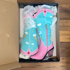 New In Original Box Doll’s Kill Care Bear Cowboy Boots Pink And Turquoise Rainbows Hearts And Clouds Size 8 Cute Pink Closed Toe Boots, Cute Multicolor Round Toe Boots, Dolls Kill Shoes, New Dolls, Care Bear, Dolls Kill, Shoes Heels Boots, Knee High Boots, Cowboy Boots