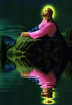 jesus sitting on a rock in the water with his arms crossed and looking up at the sky