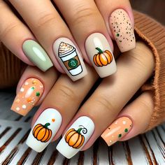 Autumn Nails White, Pumpkin Spice Latte Nail Art, Nail Art For September, Husky Nail Designs, Pumpkin Spice Nails Acrylic, Pumpkin Spice Nail Art, Coffee Nails Designs Art Ideas, White Fall Nail Designs, Fall Nails Pumpkins