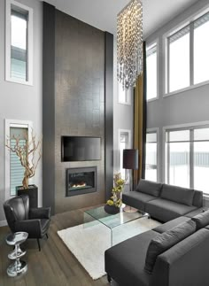 a living room with couches, chairs and a fire place in the middle of it