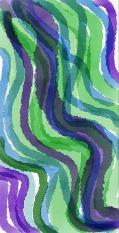 an abstract painting with wavy lines in purple, green and blue