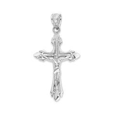 Check out this Crucifix pendant! Item Details: Weight of pendant: 0.8 grams Dimensions: 15.75 x 28.75mm Height in inches: 1" Fits up to 3mm chain. Finished in diamond cut. Story of Pendant: Embrace the profound symbolism of our sterling silver crucifix pendant. This iconic piece represents the ultimate sacrifice and love of Jesus Christ. The crucifix is a powerful expression of faith and serves as a meaningful gift for religious occasions like Easter, Christmas, or religious milestones. Its time Silver Crucifix Necklace With Charms, Sterling Silver Crucifix Charm Jewelry, White Gold Sterling Silver Crucifix Jewelry, White Gold Sterling Silver Crucifix, Silver Symbolic Crucifix Jewelry, Symbolic Sterling Silver Crucifix Jewelry, Faith Necklace, Jesus Cross, Baptism Gifts