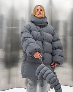 Grey Puffer Coat, Puffer Coat With Hood, Coat Puffer, Grey Puffer, Jacket Puffer, Winter Streetwear, Coat With Hood, Oversize Women, Funny Animal Memes