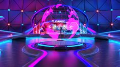 a tv studio with neon lights and a globe