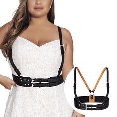 PRICES MAY VARY. Leather belt with elastic band at the back,it can be adjusted to fit your body shape and fits perfectly around your waist. Plus size harness belt is made of PU Faux leather,soft, durable,adjustable and easy to wear. Women harness comes in a classic black design -two shoulder straps with buckle,adds a little extra edge to so many different outfits. Body harness can be matched with your any daily outfit,such as T-Shirt,shirt, dress,you can spruce up your any style shirt and just t Harness Belt Outfit Plus Size, Dress With Harness Belt, Edgy Black Corset Belt For Costume Party, Black Edgy Corset Belt For Halloween, Black Corset Belt For Halloween Cosplay, Punk Style Party Harness With Belt, Punk Style Black Harness For Night Out, Party Harness With Belt Loops In Black, Black Party Harness With Belt Loops