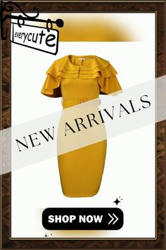 Summer Ruffled Hip Ol Short-sleeved Dress Women Solid Color Evening Dresses Vestidos De Mujer Elegant Yellow Office Dress, Yellow Knee-length Office Dress, Short Sleeve Ruffled Dresses For Office, Sleeved Dress, Color Pick, Cute Fashion, Womens Vest, Ladies Tops Fashion, Evening Dresses