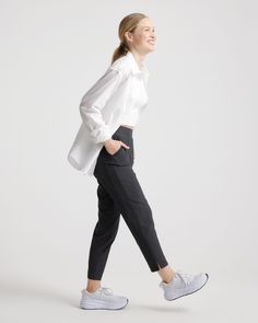 These look like classic work pants, but move like your favorite activewear. Our lightweight, breathable Performance Tech Commuter Pants have just the right amount of stretch for days when you’re on the go, plus the sun protection and quick-dry properties of top-notch performance wear.  | Quince | Women's Performance Tech Ankle Pants in Black, Size Medium, Recycled Polyester Functional Moisture-wicking Cargo Pants For Workout, Functional Yoga Pants With Pockets And 4-way Stretch, Sporty Ankle-length Activewear For Jogging, Sporty Ankle-length Activewear For Running, Athleisure Cargo Pants With 4-way Stretch For Sports, Sporty Pants With Side Pockets And 4-way Stretch, Sporty 4-way Stretch Pants With Side Pockets, Sporty Pants With 4-way Stretch And Side Pockets, Athleisure Ankle-length Yoga Pants With Pockets