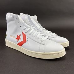 Converse Men's Roswell Rayguns Pro Leather Hi White Orange Shoes 171197c Sizes 9 - 12 Note: Women’s Sizes Add 1.5 Up. New With Box. High-top Sneakers With Leather Sole For Sports, Red Sole Leather High-top Sneakers, Casual Leather Skate Shoes With Red Sole, Converse Leather Sneakers With Gum Sole, White Converse Mid-top Skate Shoes, Converse Leather Mid-top Sneakers, White Leather Skate Shoes With Round Toe, White Leather Round Toe Skate Shoes, White Leather High-top Sneakers With Gum Sole