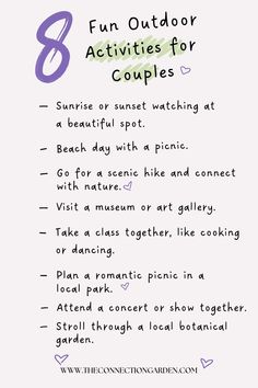 Explore the outdoors with your partner through our 8 Fun Outdoor Activities for Couples. Perfect for those seeking adventure and connection. Check out our blog for these and more engaging, relationship-enriching ideas. #couplestherapy #relationshipadvice #conflictresolution #personalgrowth #selfimprovement #relationshiptools #healthyrelationships #deepconversationstarters #emotionalintimacy #relationshipgrowth #relationshipgoals #Deeperconversationstarters💟#LoveStory #RomanticEncounters #HeartfeltConnections #DateNightIdeas #SoulmateSearch #FlirtyFridays #CandlelitDinners #StarryEyedMoments #LoveQuotes #DreamyDates #WhisperedPromises #AmourAdventures Couples Activity Ideas Relationships, Relationship Exercises For Couples, Summer Couple Activities, Couple Content Ideas, Summer Activities Couples, Summer Activities For Couples, Couples Ideas Activities, Couples Activity Ideas, Couple Ideas Activities