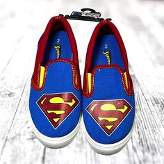 Superman Youth Boys Slip On Sneakers Size: 2 Material: Canvas Upper Brand: Dc Comics In Nwt Condition ** See For Additional Item Description ** 2br - Blue Shoe Bag Fun Blue Sneakers For School, Blue Fun Sneakers With Rubber Sole, Fun Blue Sneakers With Rubber Sole, Superman Shoes, Wonder Woman Shoes, Batman Shoes, Dc Comics Women, Women Slip On Sneakers, Batman Kids