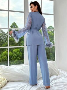 Elegant Winter Loungewear Sets, Long Sleeve Sets With Lace Trim For Daywear, Blue Loungewear Sets For Winter, Elegant Blue Sets For Pajama Party, Elegant Blue Pajama Party Sets, Blue Long Sleeve Sleepwear For Fall, Pj Sets, Fashion Online Shop, Online Fashion