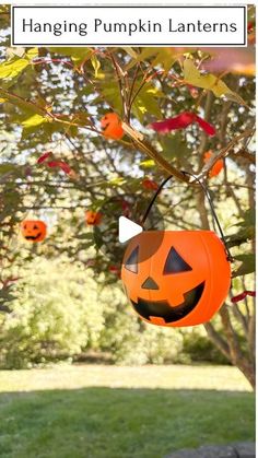 an orange pumpkin lantern hanging from a tree with the words hanging pumpkin lanterns on it