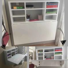 there are two pictures of the same desk and bookcases in this room, one is empty