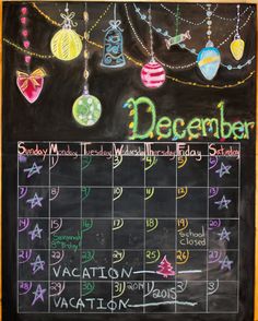 a chalkboard calendar with ornaments on it and the words december written in bright colors