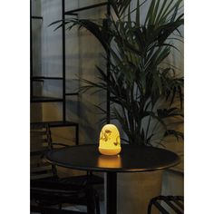 a table with a lamp sitting on top of it next to a potted plant