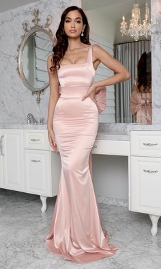 Angelina Oversized Bow Gown- Petal Pink – Moda Glam Boutique Dark Pink Prom Dress, Farewell Ideas, Godmother Dress, Bow Gown, Dress With Gloves, Pink Prom Dress, Pink Prom, Pink Gowns, Pink Dresses