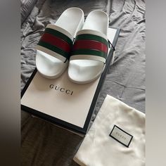 New Gucci Mens White Slides With Red/Green Stripe Excellent Condition - Never Used Retail Price Is $450 Comes With Box And Dust Bags Open To Offers!!! Comes From A Pet/Smoke Free Home Sold Out Everywhere!!! Gucci Mens, White Slides, Mens Slides, Gucci Shoes, Gucci Men, Green Stripes, Flip Flop Sandals, Red Green, Flip Flops