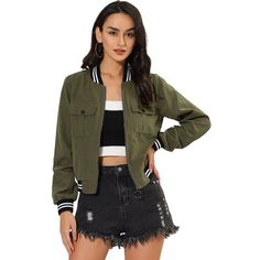 The jacket would be perfect with pants for a fun casual look. The jacket has a contrast ribbed collar, cuffs and hem, which may be a staple in your wardrobe. Perfect to wear it with straight high-rise jeans and sneakers. The light jacket has a classic bomber jacket style, with a zip front, elasticated neck, cuffs and waistband, and a regular fit. Size: x-small. Color: olive green. Gender: female. Age Group: adult. Pattern: Solid. Material: Polyester. Spring Outerwear With Contrast Collar And Long Sleeves, Winter Outerwear With Striped Cuffs, Spring Long Sleeve Outerwear With Contrast Collar, Fall Collared Varsity Jacket With Pockets, Casual Cotton Outerwear With Contrast Collar, Casual Khaki Outerwear For College, Fall Outerwear With Striped Cuffs And Long Sleeves, Fall Cotton Varsity Jacket With Striped Cuffs, Spring Varsity Jacket With Ribbed Cuffs