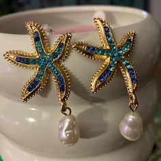 They Are Post Earrings. The Starfish Have Lighter Blue Rhinestones Surrounded By Darker Blue Rhinestones. It’s Goldstone. The Baroque Pearls Hang From The Starfish. Nwot Starfish Jewelry, Starfish Earrings, Baroque Pearl Earrings, Rose Jewelry, Crystal Stars, Source Unknown, Earring Sale, Blue Rhinestones, Baroque Pearls