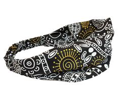 "Down Under Australian Aboriginal cotton print in a wide bandana headband style for women. Symbolic patterns of the Aboriginal people make up this striking cotton head scarf. This is a soft, high quality fabric. The white and yellow symbolic accents stand out on the black background. It's easy grab and go print to pop on when you need a quick cover up, or a great accessory. A beautiful fabric depicting traditional and significant life symbols and designs of the Aborigine people and of their life Adjustable Black Headwrap For Beach, Adjustable Black Headwrap For The Beach, Yellow Headwrap Headband One Size, Yellow Headwrap Headband One Size Fits Most, Black Adjustable Summer Headwrap, Yellow Headwrap One Size Fits Most, Yellow One Size Fits Most Headband Headwrap, White Beach Headwrap Headband, Black Bandana For Beach