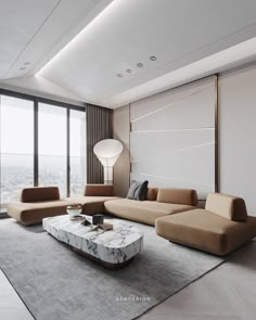 a modern living room with large windows and marble coffee table in front of the couch