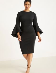 Flare Sleeve Scuba Dress | Women's Plus Size Dresses | ELOQUII Fall Wedding Guest Dress, Crewneck Style, Scuba Dress, Crewneck Dress, Classy Dress, Flared Sleeves, Guest Dresses, Plus Size Dresses, Peplum Dress