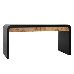 a wooden table with black legs and a white background