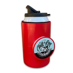 a red canister with a black lid and an emblem on the side that says chillin'sea