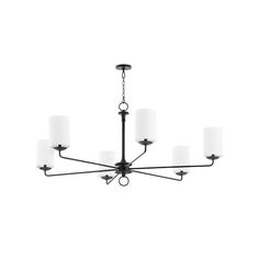 a black chandelier with white shades hanging from it's center point on a white background