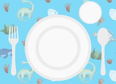 an image of a plate with dinosaurs on it and place settings for the plates to be placed in