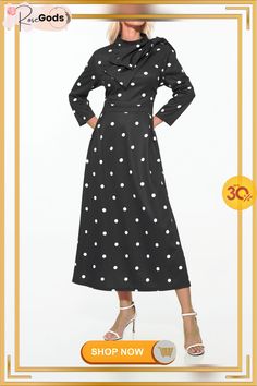 Polka Dots Regular Fit High Elasticity X-line Stand Collar Elegant Dress Fitted Long Sleeve Polka Dot Maxi Dress, Inexpensive Dresses, Elegant Dress, Women's Fashion Dresses, Stand Collar, Three Quarter, Polka Dots, Fashion Dresses, Online Store