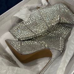 Brand New In Box, Never Worn. Perfect Condition Designer Heels With Rhinestones And Round Toe, Designer Rhinestone Heels With Round Toe, Luxury Bling Heels With Round Toe, Luxury Heels With Bling And Round Toe, Luxury Heels With Bling, Luxury Silver Heels With Bling, Shiny Boots, Country Clothes, Shoe Gallery