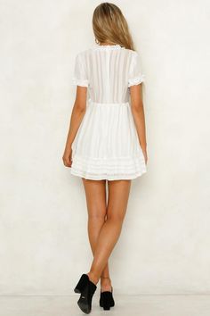 White dress. Partially lined. Cold hand wash only. Model is a standard XS and is wearing XS. True to size. Non stretchy fabric. Invisible back zip. Stripe placement may vary. Polyester. The Real Fun Dress is such a vibe! It has a V neckline, short sleeves and frill trim. It also has an invisible back zip and a tie waist detail. Pair it with a belt bag and slides! Fun Dress, Cold Hands, Dress White, Stretchy Fabric, Belt Bag, No Frills, Nice Dresses, Slides, White Dress