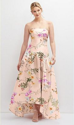 Strapless Fitted Floral Satin High Low Bridesmaid Dress With Shirred Balldress Skirt In Butterfly Botanica Pink Sand | The Dessy Group Bridesmaid Strapless A-line Dress With Ruched Bodice, Bandeau Strapless Dress With Lined Bodice For Cocktail, Strapless Bandeau Wedding Dress With Fitted Bodice, Cocktail Strapless Bandeau Dress With Lined Bodice, Elegant Sleeveless High Low Dress For Prom, Sleeveless Maxi Dress With Voluminous Skirt For Party, Cocktail Bandeau Strapless Dress With Lined Bodice, Strapless Prom Evening Dress, Strapless Pleated Bodice Bridesmaid Dress