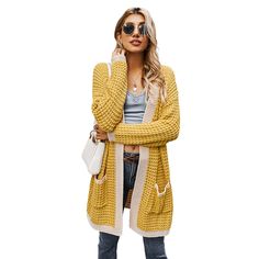 Yellow Long Sleeve Pocketed Thick Cardigan Yellow Casual Cardigan With Pockets, Casual Yellow Cardigan With Pockets, Yellow Winter Cardigan With Pockets, Yellow Open Front Cardigan For Fall, Cheap Sweaters Online, Thick Cardigan, Women Lace Dress, Thick Sweater, Loose Cardigan