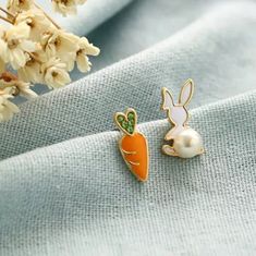 Cute Enamel Pearl Earrings Rabbit & Carrot Stud Earrings Mix Match Playful For Women And Girls Trendy Bunny Earring, Bunny Carrot, Jewelry Giveaway, Bunny Earrings, Afternoon Snack, Hypoallergenic Jewelry, Jewelry Manufacturers, Earring Sale, Pearl Stud Earrings