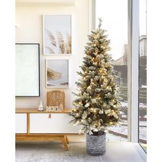 a white christmas tree in a pot next to a window with pictures on the wall