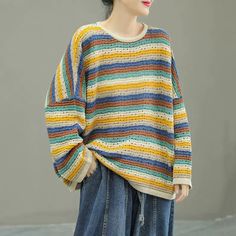 Casual Multicolor Crew Neck Knit Top, Striped Long Sleeve Open Knit Sweater, Striped Open Knit Long Sleeve Sweater, Casual Striped Knitted Sweater, Casual Striped Open Knit Top, Oversized Multicolor Open Knit Sweater, Casual Oversized Knitted Tops, Multicolor Oversized Open Knit Sweater, Oversized Casual Knit Tops