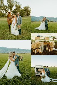 the bride and groom are posing for pictures in their wedding day outfits, while the horse is standing behind them