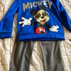 Brand New With Tags Blue Cartoon Print Long Sleeve Sets, Blue Long Sleeve Sets With Cartoon Print, Blue Long Sleeve Cartoon Print Sets, Casual Blue Long Sleeve Sets, Casual Blue Winter Sets, Blue Long Sleeve Top With Mickey Mouse, Casual Blue Sets With Cartoon Print, Casual Mickey Mouse Tops For Playwear, Playful Blue Crew Neck Sets