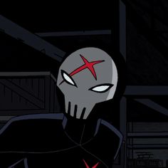 an animated image of a man in a black suit with red cross on his face