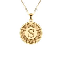 Explore the elegance of our Greek Key Disc Necklace featuring an Initial. Crafted in solid gold or sterling silver, this pendant seamlessly blends classic Greek design with personalized touch. The Greek key motif, symbolizing eternity and unity, encircles your chosen initial, creating a harmonious fusion of tradition and individuality. Its timeless design and meaningful engraving make it a versatile accessory, radiating your cultural pride and unique identity. Luxury Initials Round Pendant Jewelry, Classic White Gold Monogram Initial Necklace, Luxury Personalized Medallion Necklace, Classic Yellow Gold Initial Necklace, Classic Round Pendant Jewelry With Initials, Elegant Round Initial Necklace, Luxury Gold Initial Necklace In Sterling Silver, Symbolic Engraved Initial Pendant Jewelry, Luxury Yellow Gold Initial Necklace In Sterling Silver