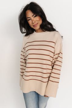 Emerson Stripe Knit Sweater | Beige + Camel Stripe Knit Sweater, Cute Sweaters For Fall, Stripes Sweater, Luxe Boutique, Brunch Fashion, Baltic Born, Girls Tie, Maternity Sweater, Beige Sweater