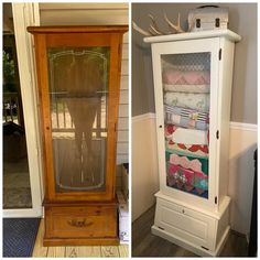 two pictures side by side, one with an old china cabinet and the other with quilts in it