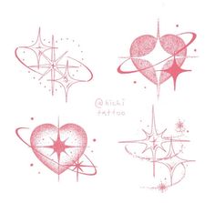 four different tattoo designs in pink ink on a white paper with stars and circles around them