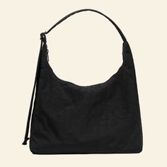 A black nylon shoulder bag. Nylon Hobo Shoulder Bag For On-the-go, Everyday Nylon Hobo Crossbody Bag, Everyday Nylon Crossbody Hobo Bag, Black Nylon Hobo Bag With Adjustable Strap, Versatile Solid Color Nylon Shoulder Bag, Black Nylon Hobo Bag Shaped As A Tote, Black Nylon Hobo Shoulder Bag, Black Nylon Hobo Bag For Everyday Use, Black Nylon Hobo Bag For Daily Use