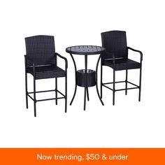 two chairs and a table with the words now trending, $ 50 & under